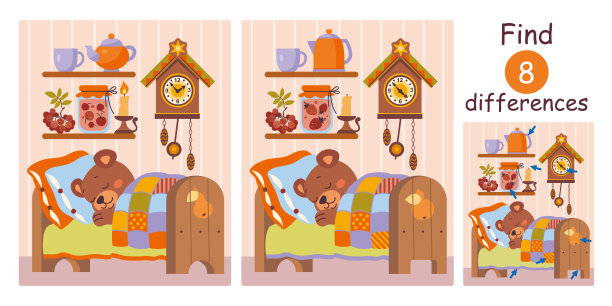 可爱的泰迪熊睡在舒适的拼布被子下。发现差异，教育孩子的游戏。平面矢量插图。图片下载