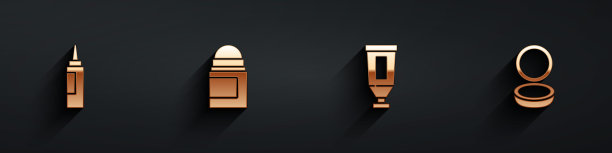 套装面霜或乳液化妆管，止汗除臭剂卷，化妆粉与长阴影镜像图标。向量图片下载