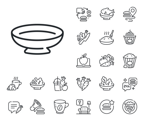 盘线图标。餐具盘牌。可丽饼、甜爆米花和沙拉。向量图片下载
