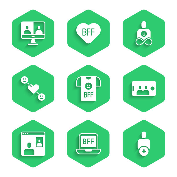 设置最好的朋友或最好的朋友永远，添加到，自拍在手机上，视频聊天会议，浪漫的关系，朋友和图标。向量图片下载