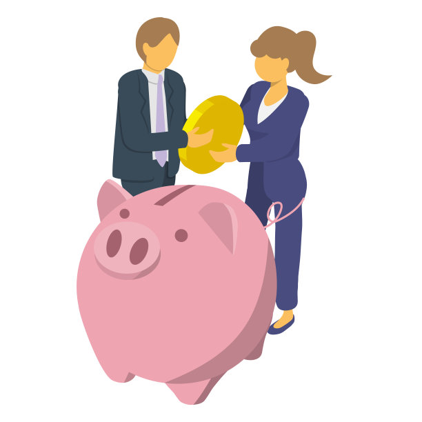 这幅插图描绘了一对工作的男女夫妇一起存钱和投资。简单的等距构图。图片下载