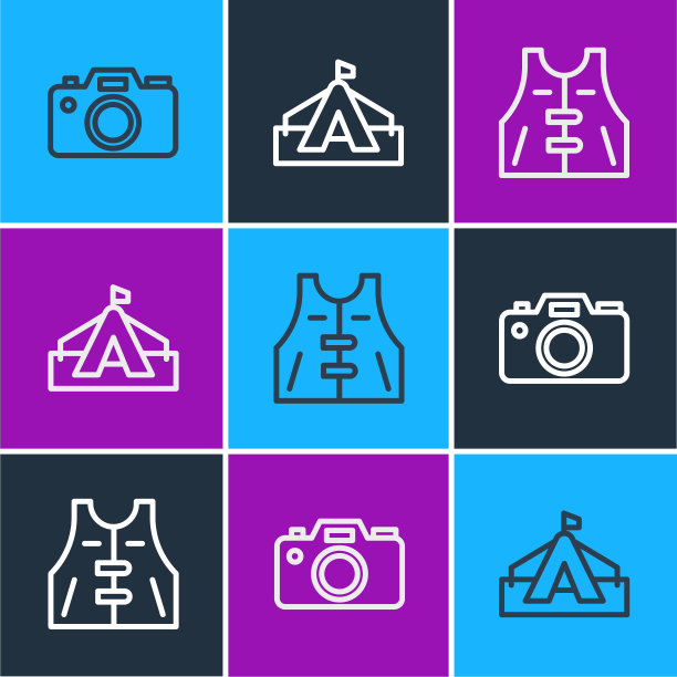 集线摄影相机，狩猎夹克和旅游帐篷图标。向量图片下载