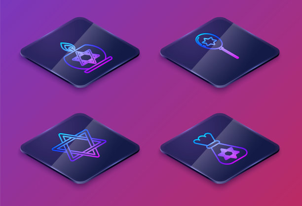 设定等距线燃烧的蜡烛在烛台与大卫之星，大卫之星，气球与缎带与大卫之星和犹太钱袋与大卫之星。蓝色方形按钮。向量图片下载