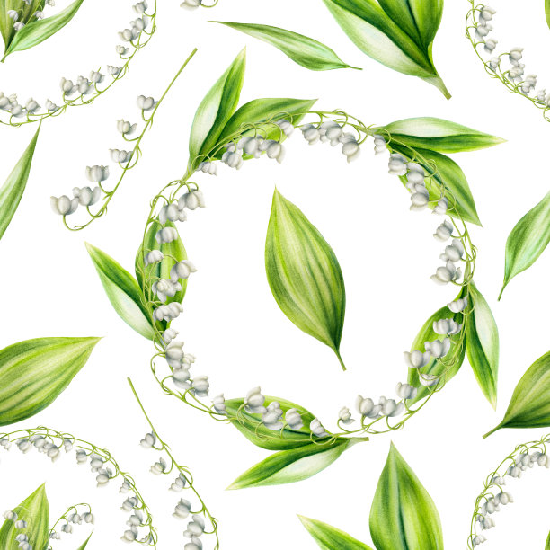 水彩无缝图案与花束百合的山谷花隔离在白色背景。春天手绘插画。适合设计师，婚礼，装饰，明信片，包装纸，剪贴簿，封面，邀请函，海报和纺织品图片下载