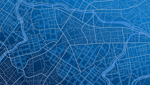 蓝色城市区域，背景地图，街道。天际线城市全景。制图说明。宽屏比例，数字平面设计的街道地图。矢量城市俯视图。从地图上方看图片下载