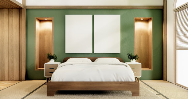 卧室绿色设计，日式设计，榻榻米地板。三维渲染图片下载
