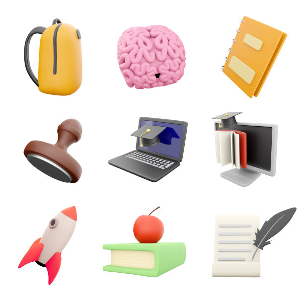 3d渲染黄色书包，粉色大脑，笔记本，邮票，带毕业帽的笔记本电脑，显示器和打开的书，火箭，书和苹果，纸与羽毛图标集。3d渲染教育概念图标集图片下载