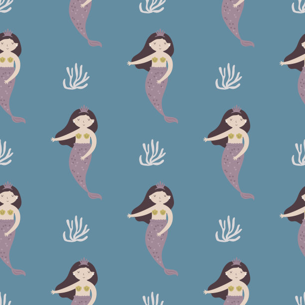 彩色无缝图案与美丽的美人鱼和海洋生物图片下载