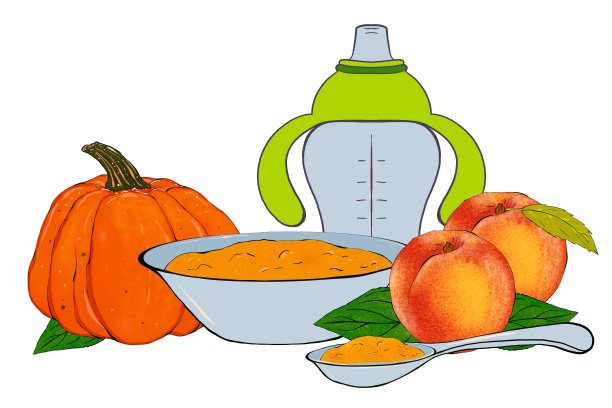 婴儿食品。婴儿彩色辅食。盘子与泥，训练杯，勺子和水果。手绘插图图片下载