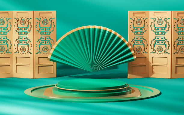 绿色中式背景舞台，3d渲染。图片下载