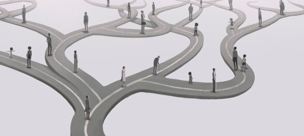 概念艺术的选择成功希望的方式决定和野心，超现实的山水画，人在浮动的道路，想象艺术，概念三维插图，神秘的风景图片下载