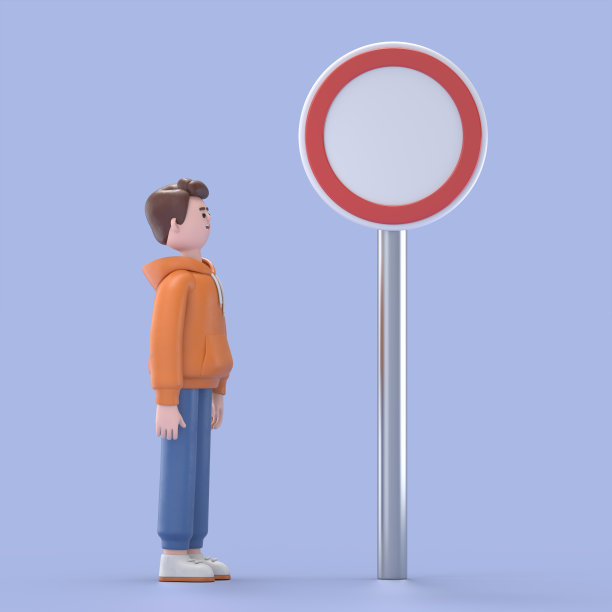 3D插图的男性男子卡迪尔站在一个十字路口，看方向标志箭头。蓝色背景的3D渲染。图片下载