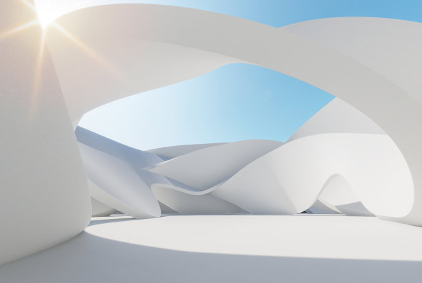 抽象的白色扭曲墙，现代风格，建筑以蓝天为背景，3d渲染图片下载