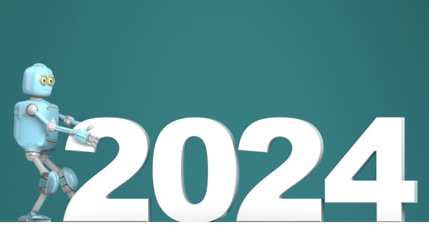 带有数字的复古机器人建造2024年新年贺卡海报庆祝活动。图片下载