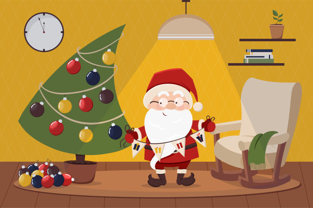 可爱的圣诞贺卡，有趣的圣诞老人用玩具，花环，玻璃装饰圣诞树。舒适的假日房间。圣诞节，新年彩色矢量插图。与圣诞老人一起收集卡片图片下载