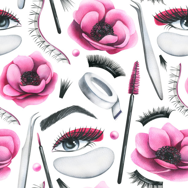 加长假睫毛，镊子，女人的眼睛，眼罩和花。手绘水彩插图。白色背景上的无缝图案。图片下载