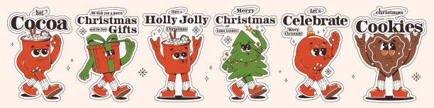 圣诞节贴纸套装，包含时髦的卡通人物和标语，礼品盒、可可、圣诞树、饼干、球。矢量素材。图片下载