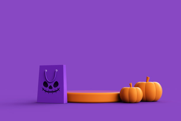 南瓜灯，紫色背景的产品展示平台和购物袋。图片下载