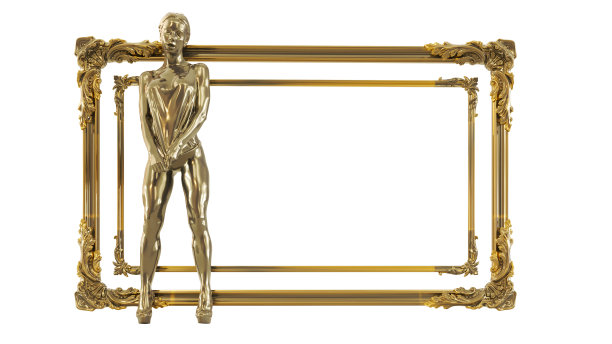 黄金雕塑的一个美丽的年轻女子与黄金框架，3D黄金女子雕像图片下载