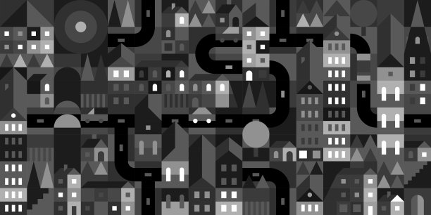 时尚抽象无缝黑白矢量包豪斯几何城市图案设计背景图片下载