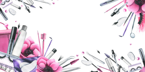 化妆品和眼睛和眉毛的刷子，粉红色的海葵花镊子。水彩插图手绘。框架在一个白色的背景图片下载