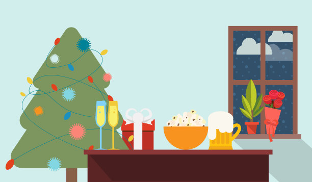 平面设计盛宴表-即将到来的节日-圣诞节-快乐的节日-节日卡片-网页横幅-庆祝-聚会-食物和饮料图片下载