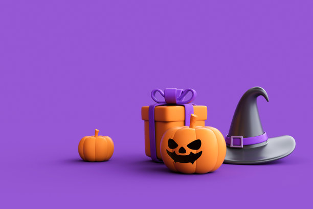 紫色背景上的万圣节南瓜灯卡通礼盒。图片下载