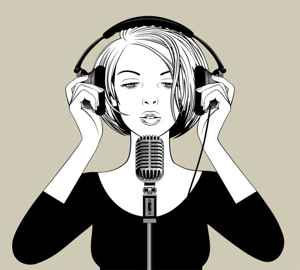 戴耳机的女孩站在复古麦克风前图片下载