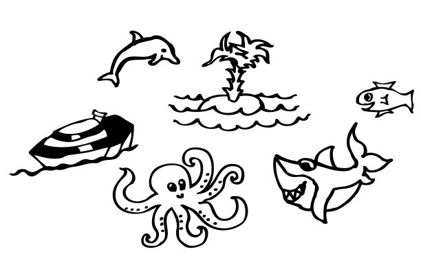 游艇，海豚，岛与棕榈和海滩，鱼，鲨鱼，章鱼，手绘着色页，卡通图片的男孩和女孩图片下载