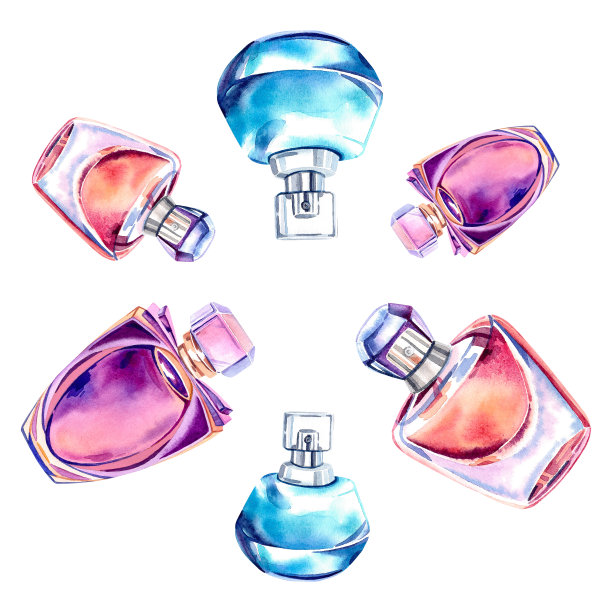 一套蓝色、橙色和粉色的香水。水彩插图。愉快的香味。美丽和时尚。一种时髦的构图。图片下载