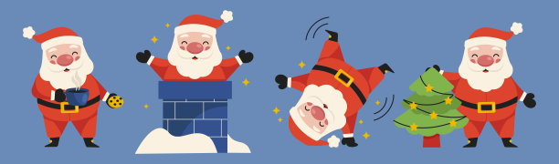 一套有趣的圣诞老人插图。圣诞老人吃饼干，喝咖啡，向烟囱外看，翻筋斗，装饰圣诞树。向量图形。图片下载
