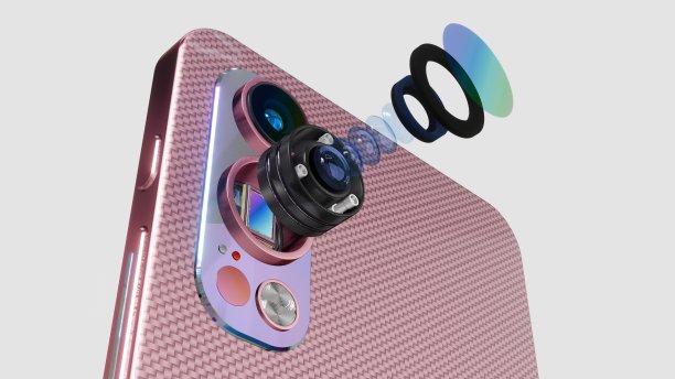 玫瑰金智能手机与双摄像头-光学元件和传感器在爆炸视图，宏观视图，旋转，3D渲染图片下载