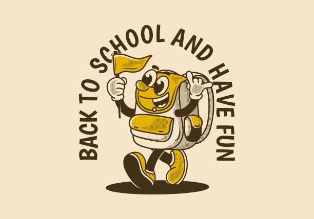 回到学校，玩得开心。吉祥物手举旗帜的行走书包插画图片下载