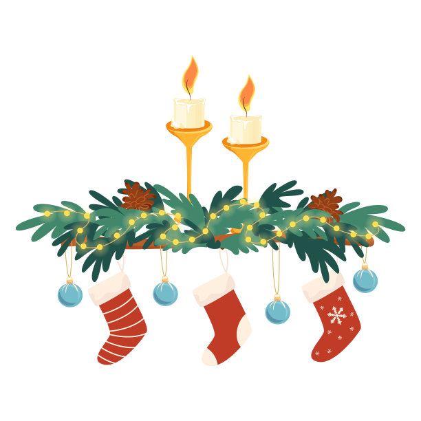 手工装饰与冷杉枝，蜡烛和圣诞袜矢量设计元素手工家居装饰孤立的白色背景图片下载