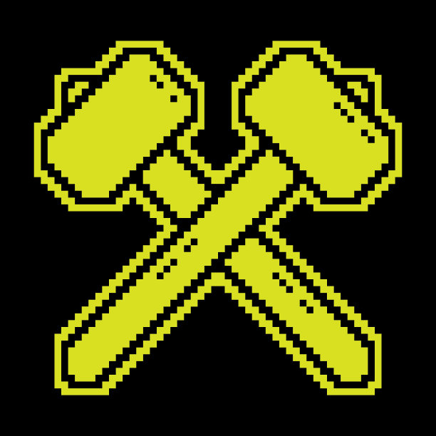 像素轮廓图标，交叉的锤子。打铁工艺，生产金属制品。简单的黑色和黄色矢量分离图片下载