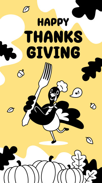 感恩节，一位拿着大叉子的火鸡厨师在收获的南瓜前跳舞图片下载