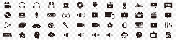 内容行图标可编辑集合向量。音乐相机音频Dj钢琴视频媒体麦克风网络摄像头电视耳机电影院图片下载