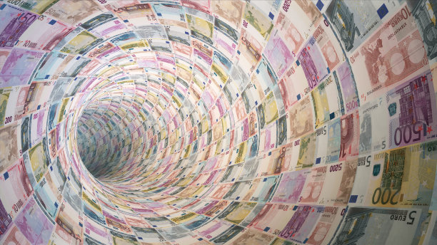 在500、200、100、50、20、10、5欧元的封闭隧道中向前飞行图片下载