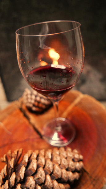 酒的时间。一个红酒杯旁边的松果，竖着拍。壁炉前的酒杯。在壁炉里燃烧的木头。壁炉旁有一大杯酒。喝葡萄酒。一个舒适的房间。壁炉旁的一杯酒图片下载