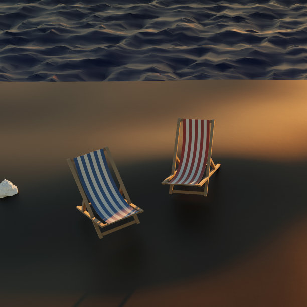 景观暑假假期旅游大海大海沙滩背景横幅全景-木制太阳躺椅，躺椅上的沙子，蓝天和日落。三维演示图片下载