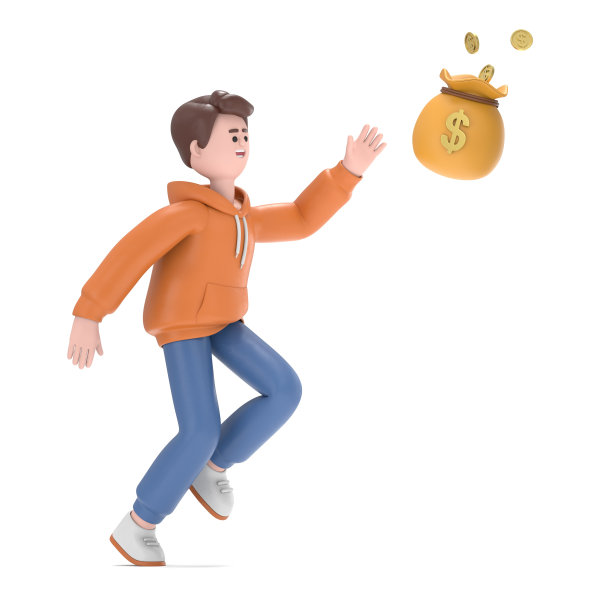 Qadir追逐一袋钱的3D插图。白色背景的3D渲染。图片下载