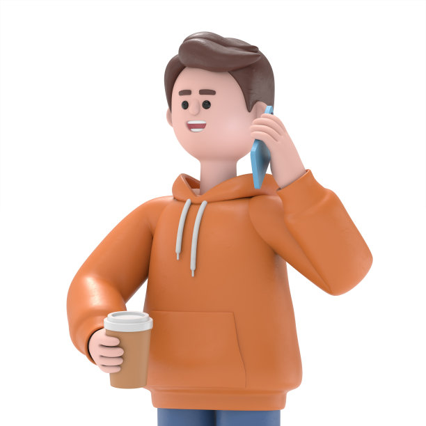 3D插图的男子卡迪尔拿着咖啡和会说话的智能手机。白色背景的3D渲染。图片下载