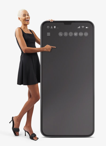 黑色星期五网上购物，令人震惊的黑人女性笑着在屏幕上用手指着手机。商店和商场的广告，引导顾客购买特价商品。隔离在白色背景上图片下载