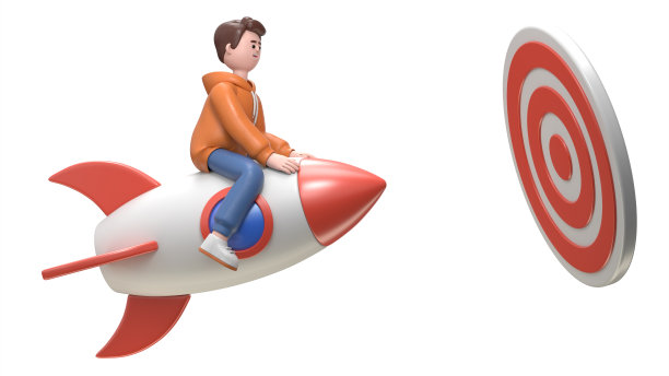 三维插图微笑的商人卡迪尔飞行向前与火箭发动机的大目标。蓝色背景的3D渲染。图片下载