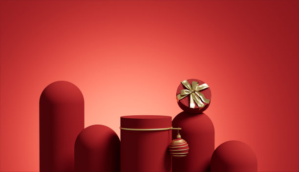 3D背景，圣诞产品讲台套。红色礼盒上有金色缎带。展示化妆品的橱窗。抽象的站。冬天，3D渲染时尚插画。横幅模型。图片下载