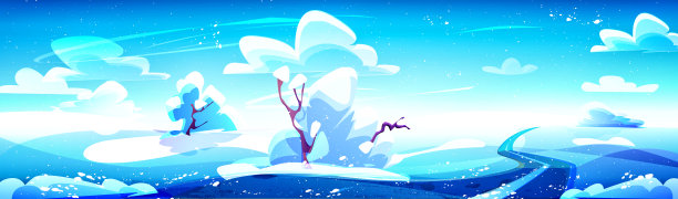 冬天阳光明媚的风景，道路和白雪覆盖的树木。创意矢量插图在卡通风格。图片下载