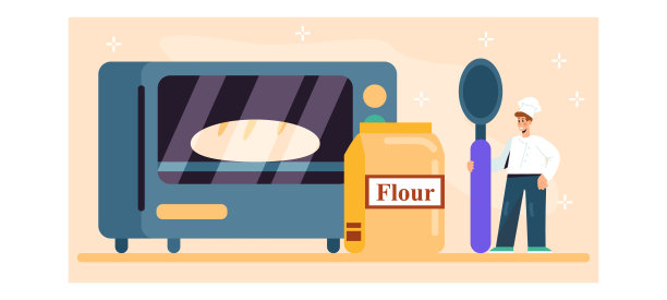 穿着制服的年轻专业工人拿着大勺子，站在装面粉的大袋子旁边图片下载