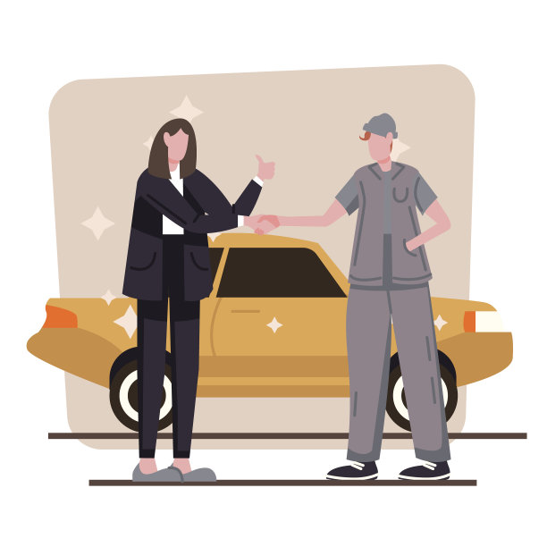 女客户站在沙龙里，和男客户握手。客户对新洗的车很满意图片下载