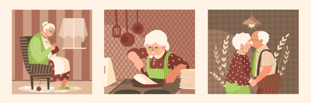 老太太坐在扶手椅上织毛线。奶奶在厨房做饭图片下载