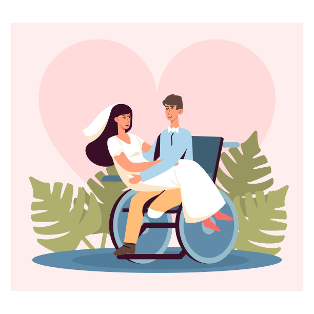 幸福的新郎坐在轮椅上，抱着穿着白色礼服的新娘。婚礼图片下载